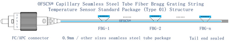 Structure Diagram of OFSCN® Capillary Seamless Steel Tube FBG Temperature Sensor (Type 01, FBG string/array inside )
