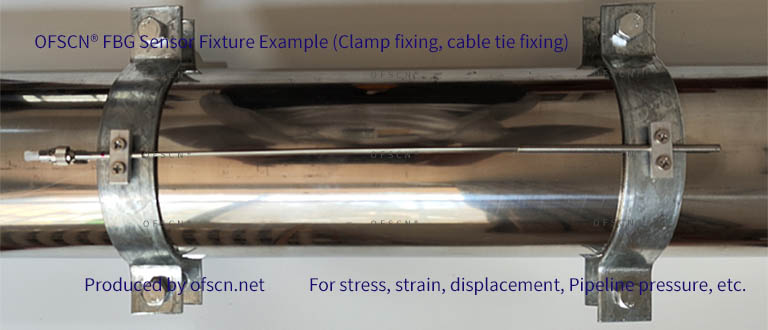 OFSCN® series FBG strain sensor pipe clamp installation example (customized clamp), pipe longitudinal measurement