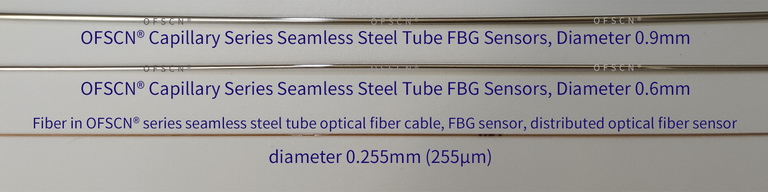 Size Comparison among 0.9mm, 0.6mm and 0.225mm OFSCN® Capillary Seamless Steel Tube FBG sensor