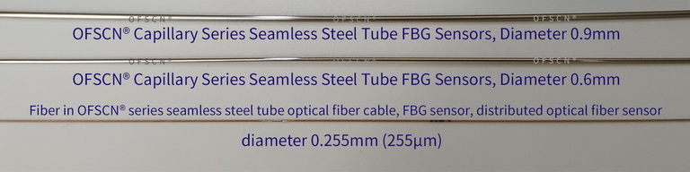 Size Comparison among 0.9mm, 0.6mm OFSCN® Capillary Seamless Steel Tube FBG sensor and the 0.255mm Fiber