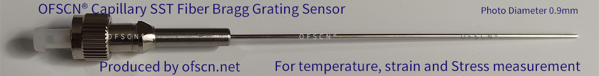 The FBG sensor produced by DCYS. Can be used for temperature, strain and stress measurement.